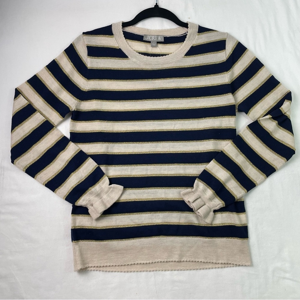 NWT J.Crew Metallic Merino Wool Ruffle-Sleeve Sweater | Striped Taupe | Size Sma
